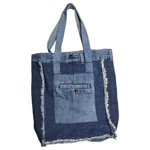 Vintage 1990s Bugle Boy Denim Patchwork Raw Edge Top Handle Open Top Tote Bag